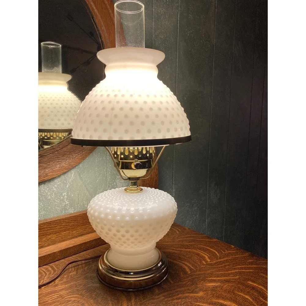 Vintage White Milk Glass Hobnail Hurricane Lamp Electric Table Lamp Mid Century